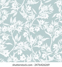 White flowers and branches, blue background. Seamless floral pattern-331.