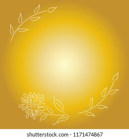 White flowers and branches with leaves on gold background. Design for postcard, your text, invitation, poster. Hand drawn vector illustration.