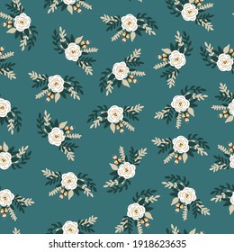 White flowers bridal roses seamless vector pattern. Repeating retro romantic floral background teal blue. Ditsy flower pattern Scandinavian flat style for fabric, invitation, kids, wedding, nursery.