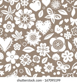 White flowers butterflies and hearts on grey seamless pattern, vector