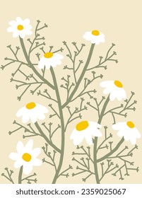 Weiße Blumen Kamillenmuster mit den Ästen auf pastellfarbenen Hintergrundillustrationen, Vektorgrafik für Kunstdrucke, Vorlage, Wanddekor, Designs