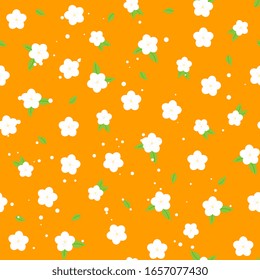 White flowers of cherry, apple tree seamless pattern. Elegant spring background with white flowers. Flat style.