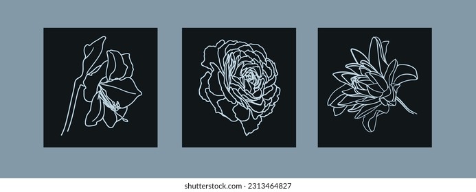 White flowers collection outline vector clipart. Flowers line art tattoo on black background. Wedding Logo elements 