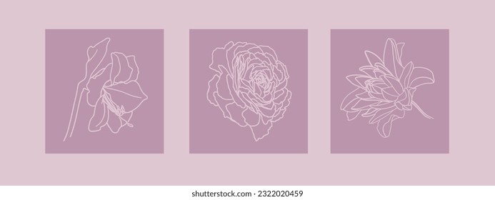White flowers collection outline vector clipart. Flowers line art tattoo on pink background. Wedding Logo elements 
