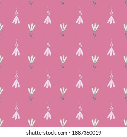 White flowers contoured seamless pattern in hand drawn style. Pink background. Flat vector print for textile, fabric, giftwrap, wallpapers. Endless illustration.