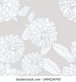 White flowers of Dahlia on gentile neutral background with black outline . Seamless vector pattern.
