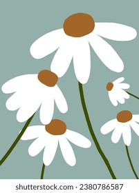 White flowers, daisy on green background for web banner, business presentation, branding package, fabric print, wallpaper, social media post, doodle, notes, book covers, wall decor.