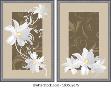 White flowers in decorative gray frame. Vector