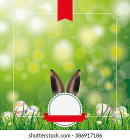 White flowers with eggs and bunny ears in grass on the bokeh background. Eps 10 vector file.