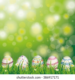 White flowers with eggs in grass on the bokeh background. Eps 10 vector file.