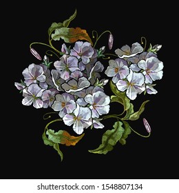 White flowers. Embroidery. Summer art. Garden style. Fashionable template for clothes, textiles, t-shirt design 