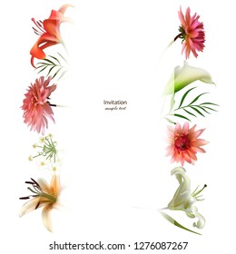 White flowers. Floral background. Calla. Lilies. Green leaves. Dahlia. Pink.