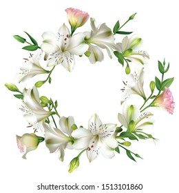 White flowers. Floral background. Green leaves. Eustoma. Lilies.