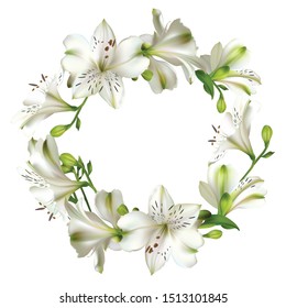 White flowers. Floral background. Leaves. Lilies.