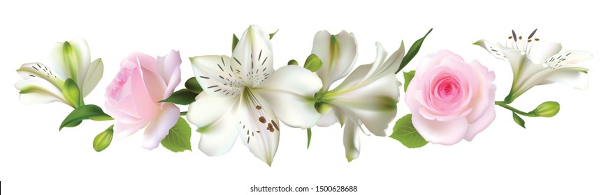 White flowers. Floral background. Lilies. Green leaves. Pink roses.