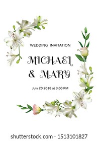White flowers. Floral background. Wedding invitation. Green leaves. Eustoma. Lilies.