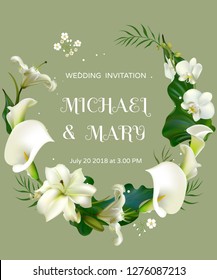 White flowers. Flower background. Calla. Lilies. Orchids. Green leaves. Wedding invitation.