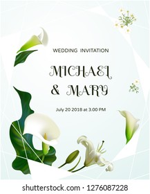 White flowers. Flower background. Calla. Lilies.  Green leaves. Wedding invitation.