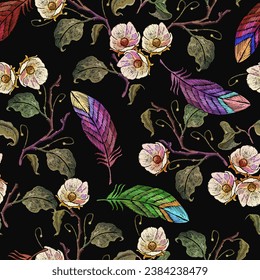 White flowers of a flowering apple tree and colorful feathers. Fashion spring garden style. Seamless pattern. Embroidery design. Template for design of clothes, tapestry