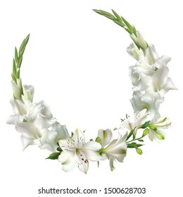 White flowers. Gladiolus. Floral background. Lilies. Green leaves.