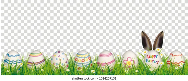 White flowers in grass with colored easter eggs on the checked background. Eps 10 vector file.