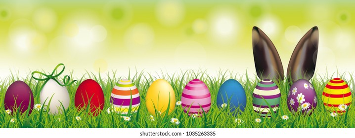 White flowers in grass with colored easter eggs and hare ears on the bokeh background. Eps 10 vector file.