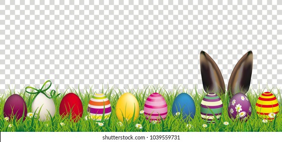 White flowers in grass with colored easter eggs and hare ears on the checked background. Eps 10 vector file.