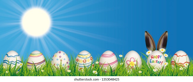 White flowers in grass with colored easter eggs in the front of the blue sky. Eps 10 vector file.