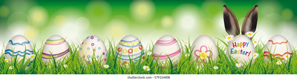 White flowers in grass with colored easter eggs on the bokeh background. Eps 10 vector file.