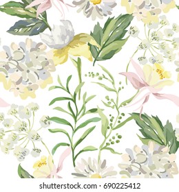 White flowers and green leaves on the white background. Vector seamless pattern. Hydrangea, daisy, aquilegia, iris. Cottage garden.