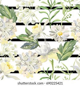 White flowers and green leaves on the striped background. Vector seamless pattern. Hydrangea, daisy, aquilegia, iris. Cottage garden.