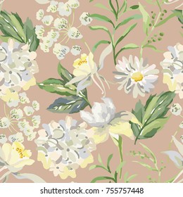 White flowers and green leaves on the kraft background. Vector seamless pattern. Hydrangea, daisy, aquilegia, iris. Cottage garden.