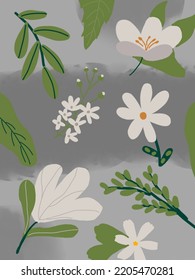 White flowers with green leaves vector on grey background, patterns for phone case, logo, pillow case, fabric print, wallpaper, social media post, doodle, covers, book covers, wall decor, templates