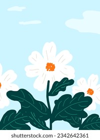 White flowers, green leaves, vectors, patterns, on blue background for web banner, branding package, fabric print, wallpaper, social media post, doodle, notes, covers, wall decor, templates