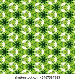 White flowers are grouped in clusters arranged in a circle. White flowers on a background of green leaves give a feeling of freshness, relaxation, and comfort.
