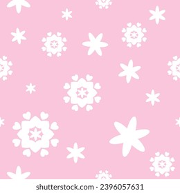 White flowers, and hearts on a pastel pink background, seamless pattern for fabric, gift wrapping paper, placemat, home decoration, bedding set cover, and any printable patterns.