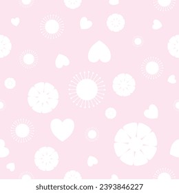 White flowers, hearts, and pollens on a pastel sweet pink background, for fabric patterns, gift wrapping paper, placemats, home decoration, bedding set covers, and any seamless patterns