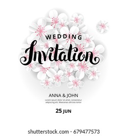 White flowers Invitation. Wedding banner paper invitation for pink background, anniversary marriage, engagement, birthday, Baby shower. Shop header, web banner. For flyer, invite greeting card
