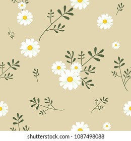 White flowers and leaf seamless pattern on light brown background.
