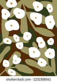 White flowers and leaves abstract patterns, illustrations, vector for wallpaper, wall decor, art prints, templates, phone case, pillow design etc