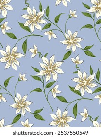 white flowers and leaves arranged on a blue background. seamless floral textile design.