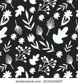 White flowers, leaves, and berries in seamless pattern. Elegant botanical background on black.