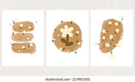White Flowers, leaves in different shapes on white background set for web banner, branding package, fabric print, wallpaper, social media post, doodle, notes, book covers, wall decor