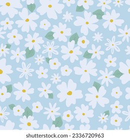 White flowers with leaves on a blue background. Seamless pattern