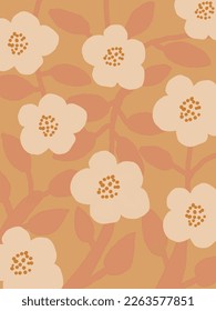 White flowers and leaves patterns on orange background illustrations, vector aesthetic for wallpaper, wall decor, templates covers, art prints