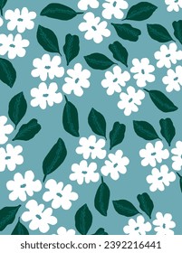 White flowers and leaves patterns on blue background for web banner, business presentation, branding package, fabric print, wallpaper, social media post, doodle, notes, book covers, wall decor.