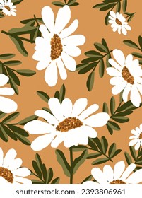 Weiße Blumen und Blätter Muster auf orangefarbenem Hintergrund für Web-Banner, Business-Präsentation, Branding-Paket, Stoffdruck, Tapete, Social-Media-Post, Doodle, Noten, Buchumschläge, Wanddekor.