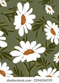 White flowers and leaves patterns on green background for web banner, business presentation, branding package, fabric print, wallpaper, social media post, doodle, notes, book covers, wall decor.