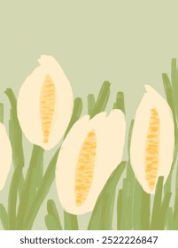 White flowers and leaves patterns on green background for web banner, branding package, fabric print, wallpaper, social media post, doodle, notes, book covers, wall decor.
