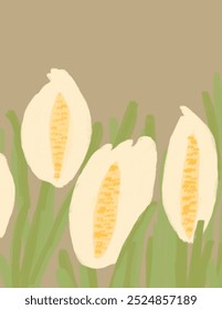 White flowers and leaves patterns on beige background for web banner, branding package, fabric print, wallpaper, social media post, doodle, notes, book covers, wall decor.